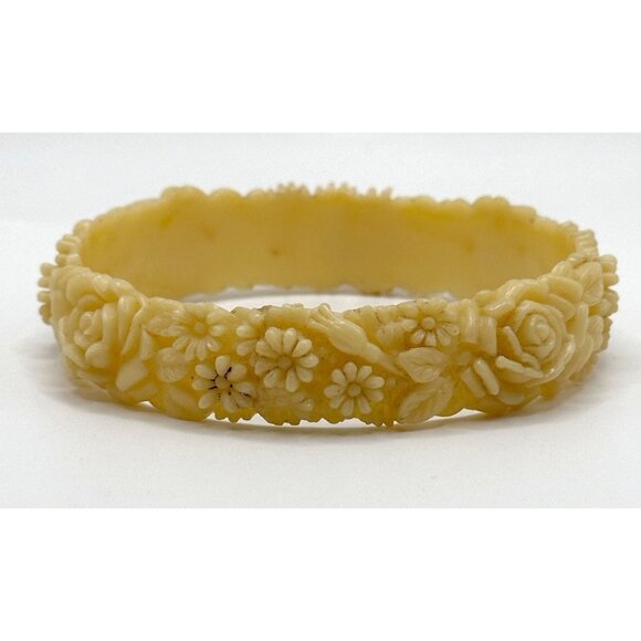 Vintage Bangle Bracelet Carved Celluloid Yellow Flowers Floral Roses - Picture 3 of 4